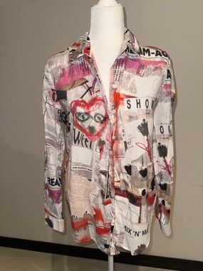 Desigual Newspaper Print Button-Up Shirt with Pink & Red Accents